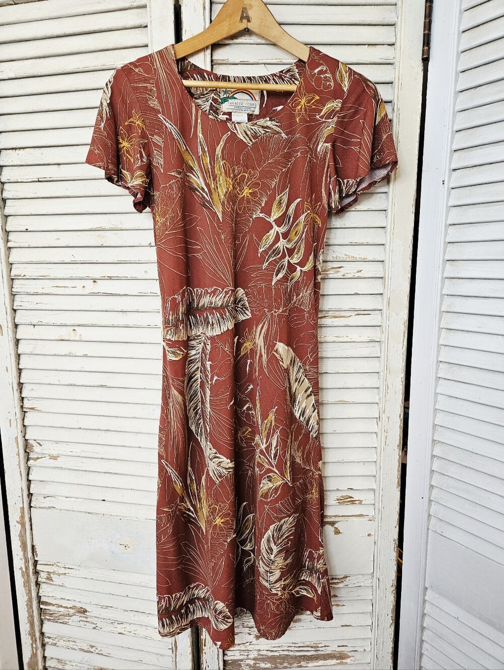 Vintage 90s Paradise Found Bias Cut Hawaiian Dress Earth Tones X-Small